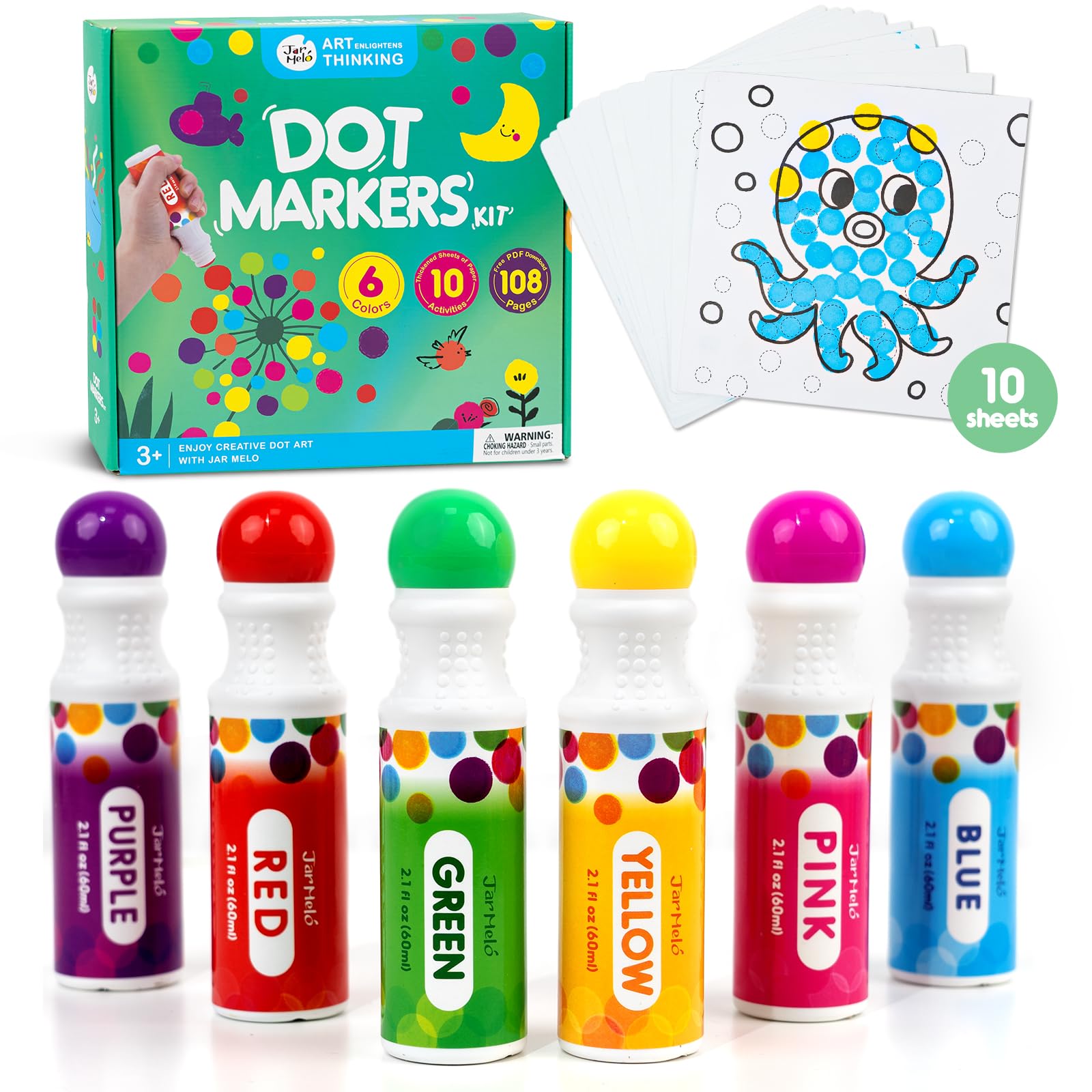 Jar Melo Washable Dot Markers for Toddlers 1-3, 12 Colors Dot Paints with 108 PDF & 20 Physical Activity Papers, Non-Toxic Bingo Daubers for Toddlers 2-4, Kids Arts and Crafts Supplies